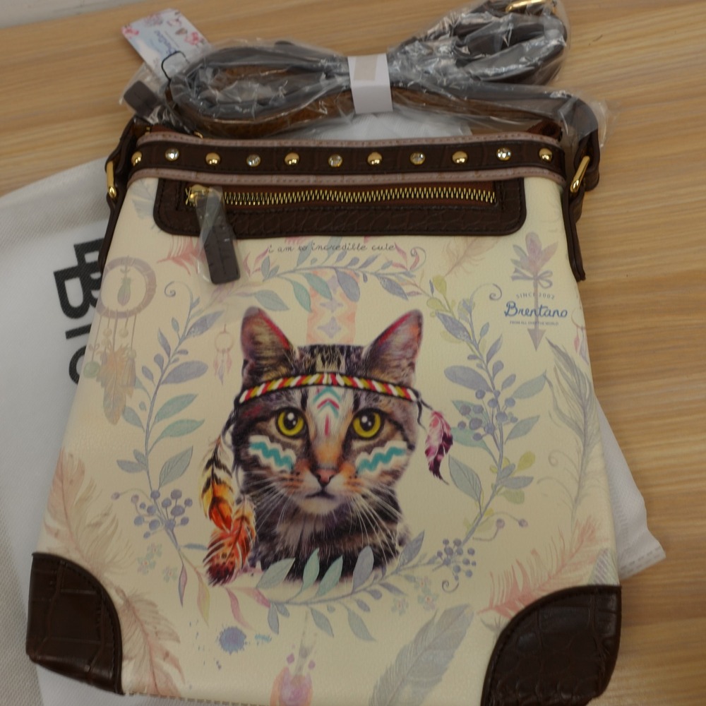 Y2K Western Boho Crossbody Bag BRENTANO Cream Brown Feline Cat Studded Vegan NEW
